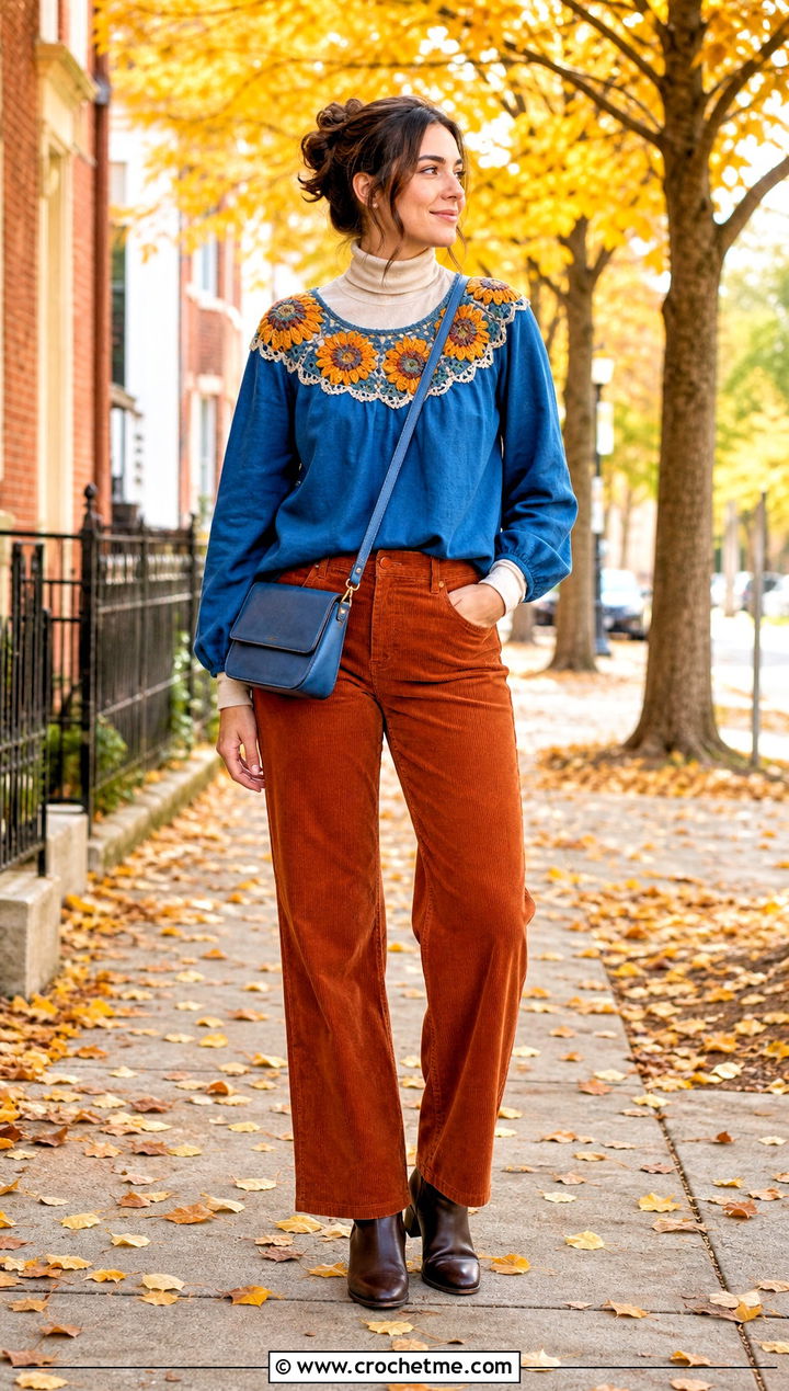 Sunflower Yoke Top With Corduroy Trousers - 35 crochet sunflower top outfit ideas
