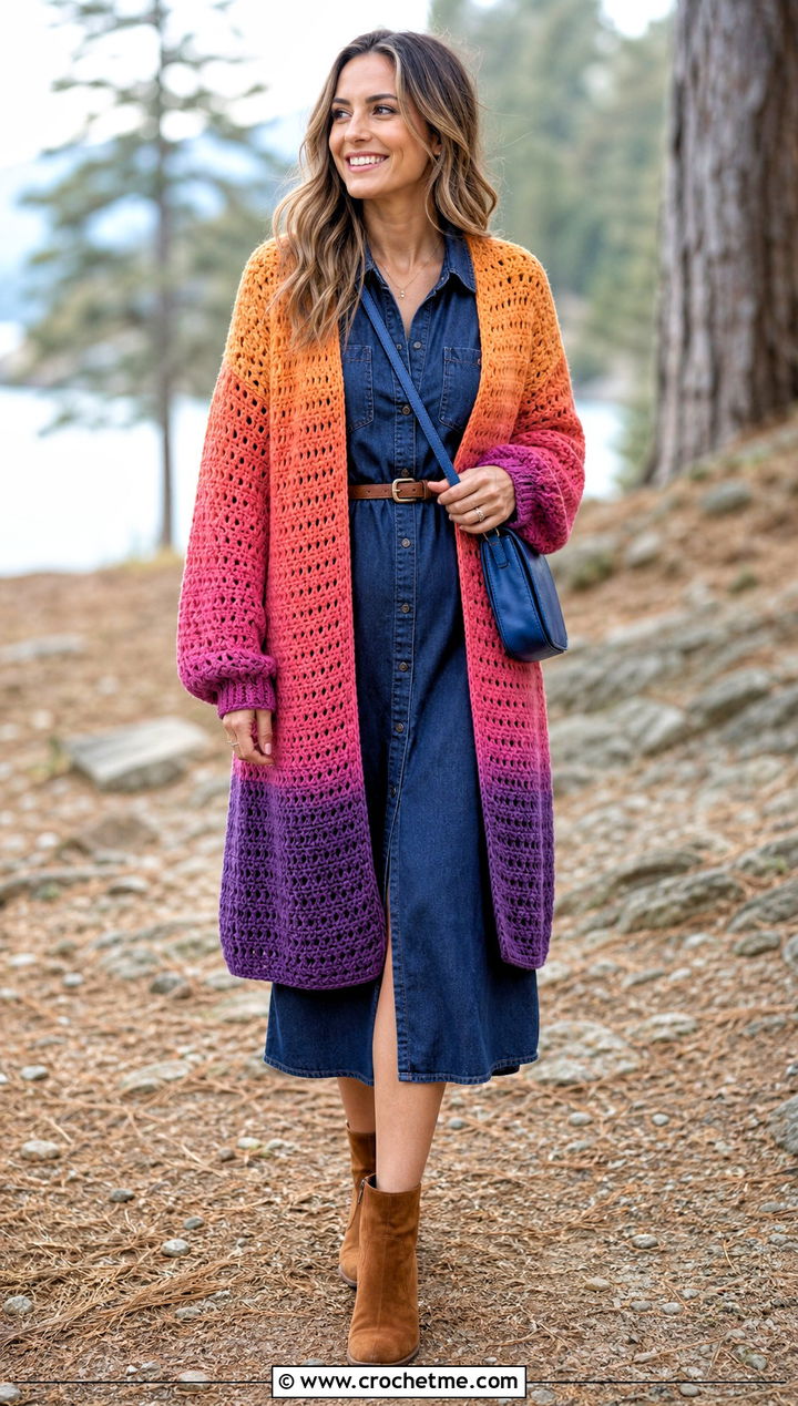 Sunset Campfire Cardigan With Denim Shirt Dress - 30 crochet campfire cardigan outfit ideas
