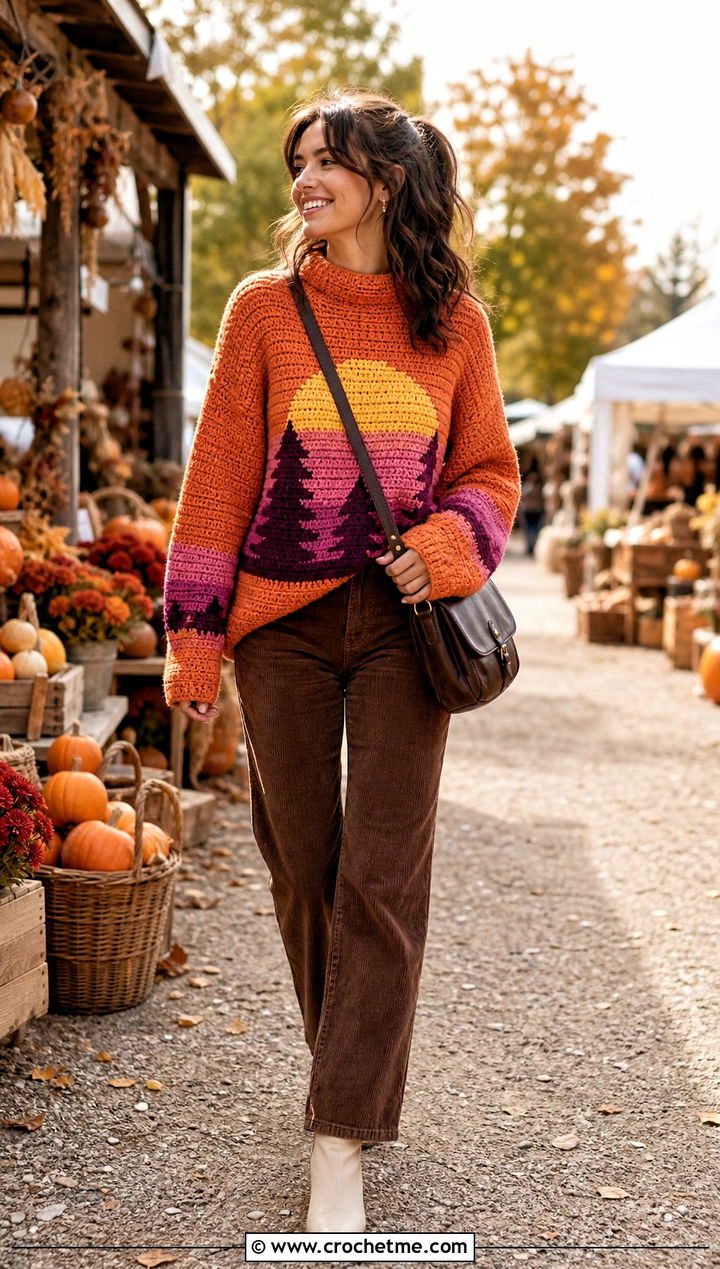 Sunset Crochet Mabel Pines Sweater With Corduroy Pants - 30 crochet mabel pines sweater outfit ideas