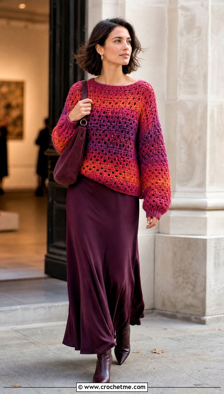 Sunset Crochet Mabel Sweater With Bias Maxi Skirt - 35 crochet mabel sweater outfit ideas