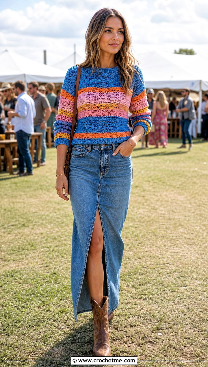Sunset Stripe Crochet Sweater With Denim Maxi Skirt - 25 Patterned Crochet Sweater outfit ideas
