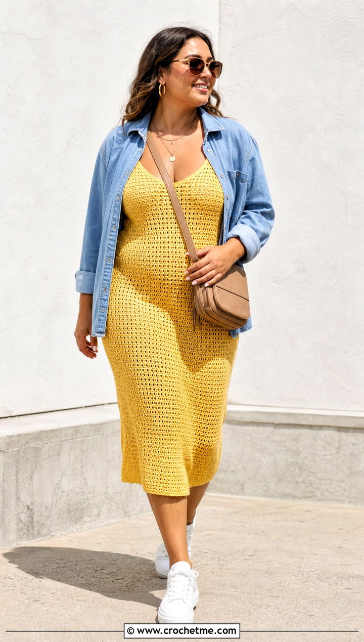 Sunshine Yellow Crochet Tank Dress With White Sneakers - 25 Selena Gomez Crochet Dress outfit ideas