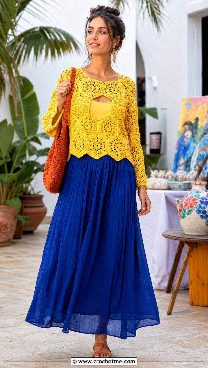 Sunshine Yellow Hexagon Crochet Sweater With Maxi Skirt - 30 Crochet Yellow Sweater outfit ideas