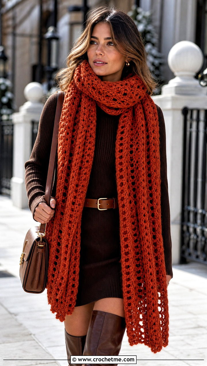 Super Bonfire Scarf With Sweater Dress - 20 Crochet Bonfire Scarf outfit ideas