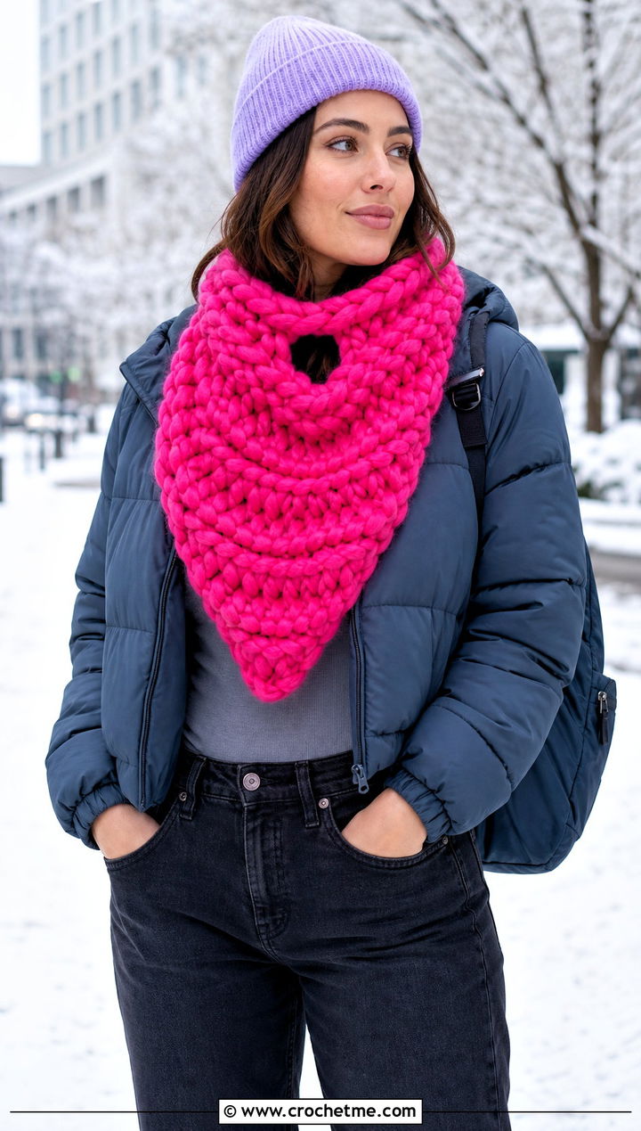 Super Bulky Cari Keyhole Crochet Scarf With Puffer Jacket - 15 Cari Keyhole Crochet Scarf outfit ideas