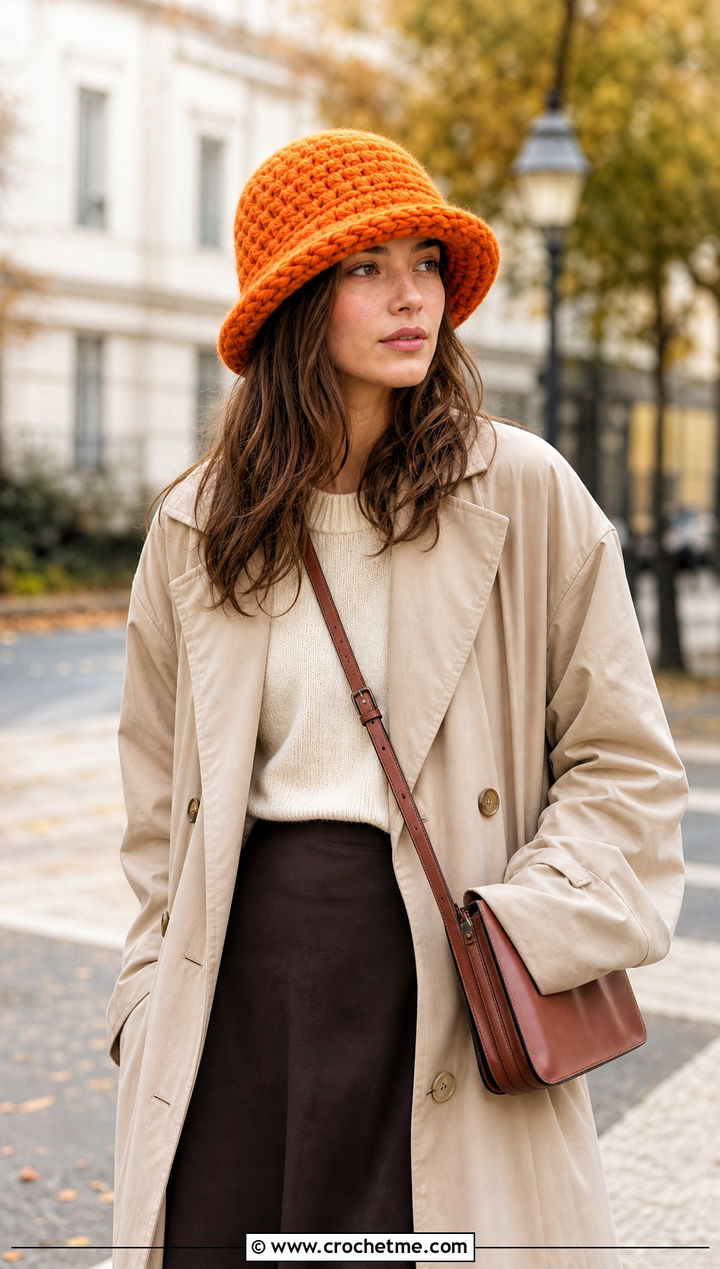 Super Bulky Crochet Bucket Hat With Trench Coat - 15 Crochet Hat With Super Bulky Yarn outfit ideas