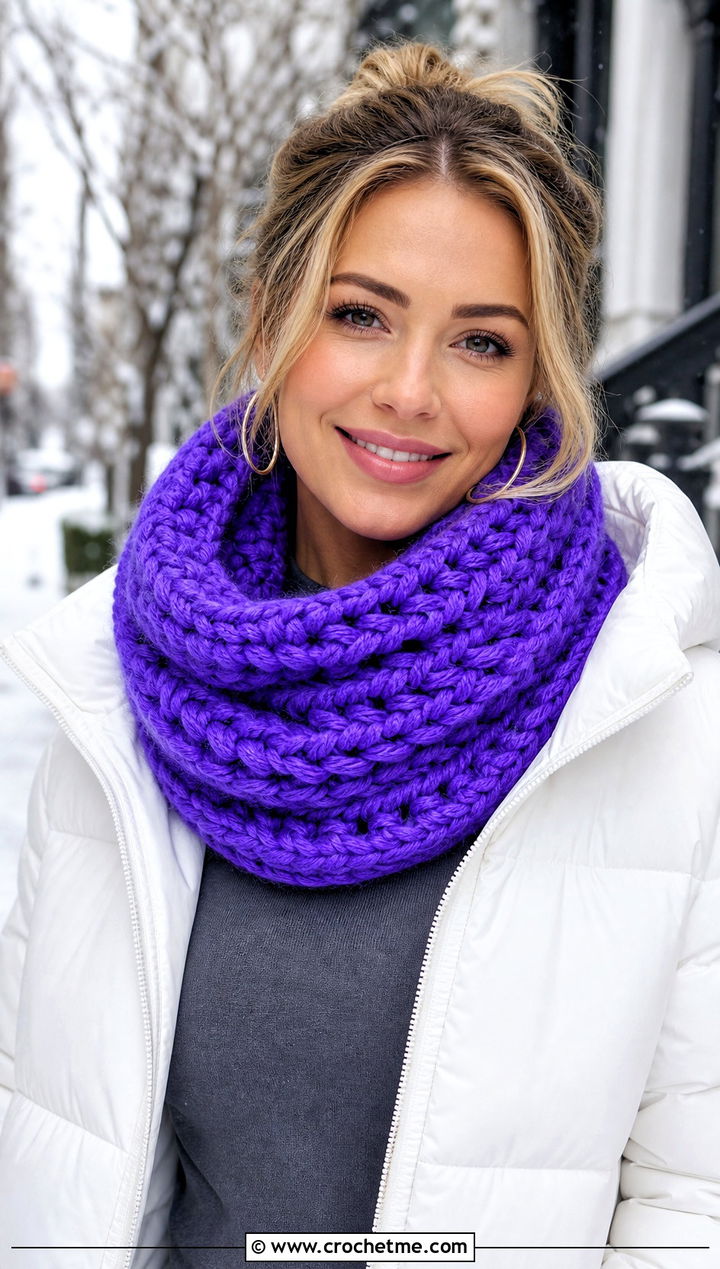 Super Bulky Crochet Cowl With Puffer Jacket - 30 bulky yarn crochet scarf outfit ideas