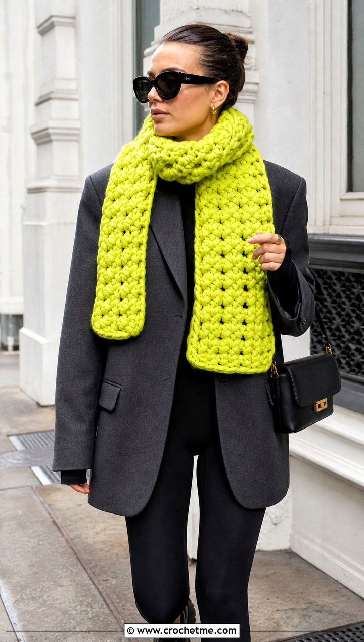 Super Bulky Crochet Scarf With Oversized Blazer - 30 bulky crochet scarf outfit ideas