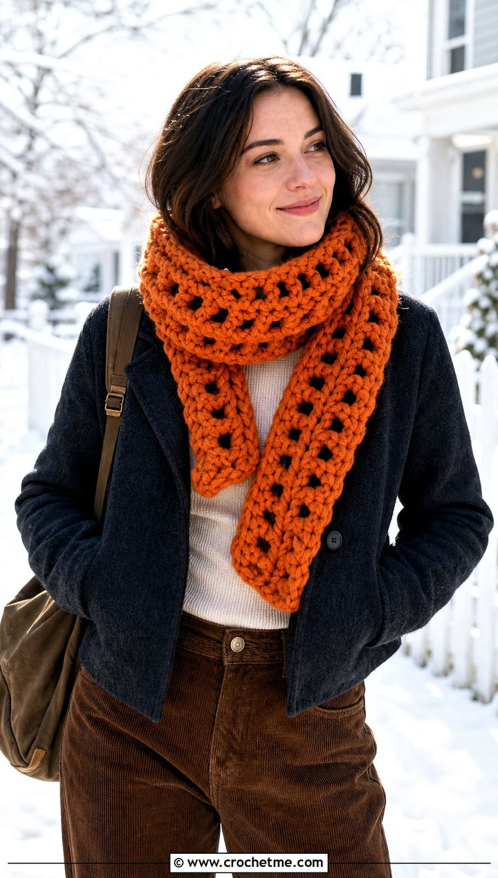 Super Bulky Crochet V Stitch Scarf With Cropped Coat - 30 crochet v stitch scarf outfit ideas