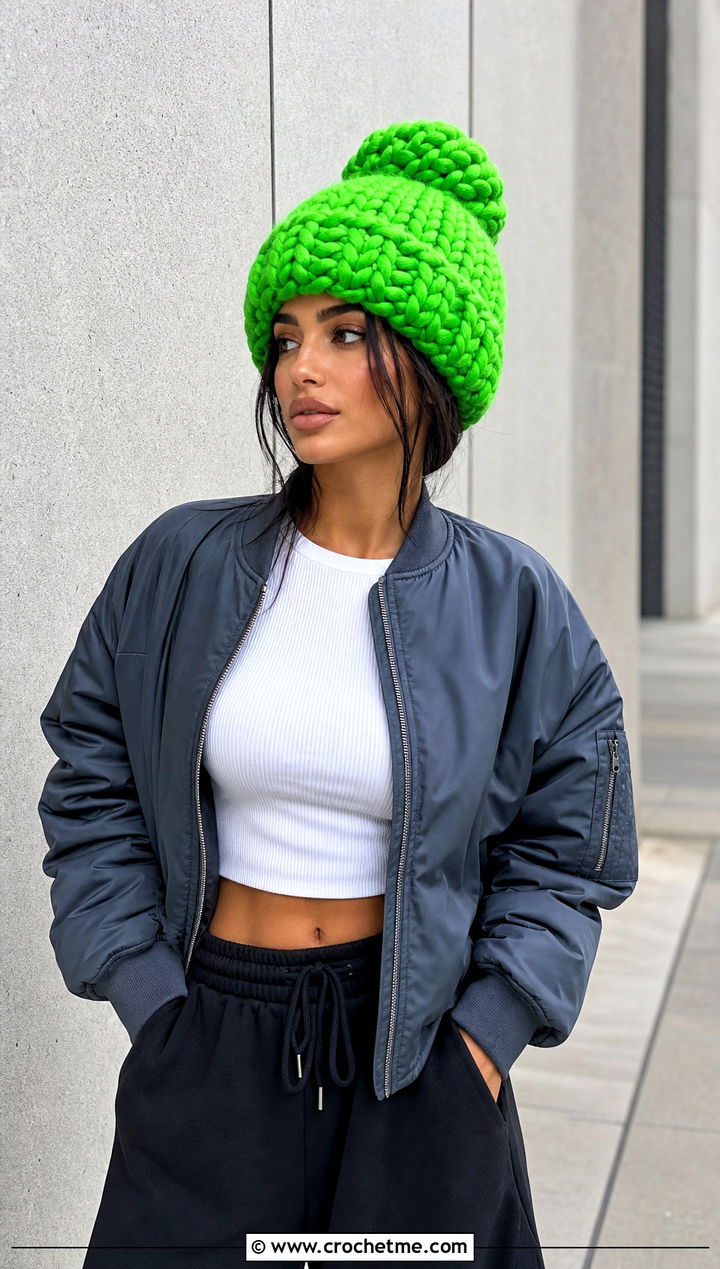 Super Bulky Oversized Bun Hat With Cargo Pants - 15 bun crochet hat outfit ideas