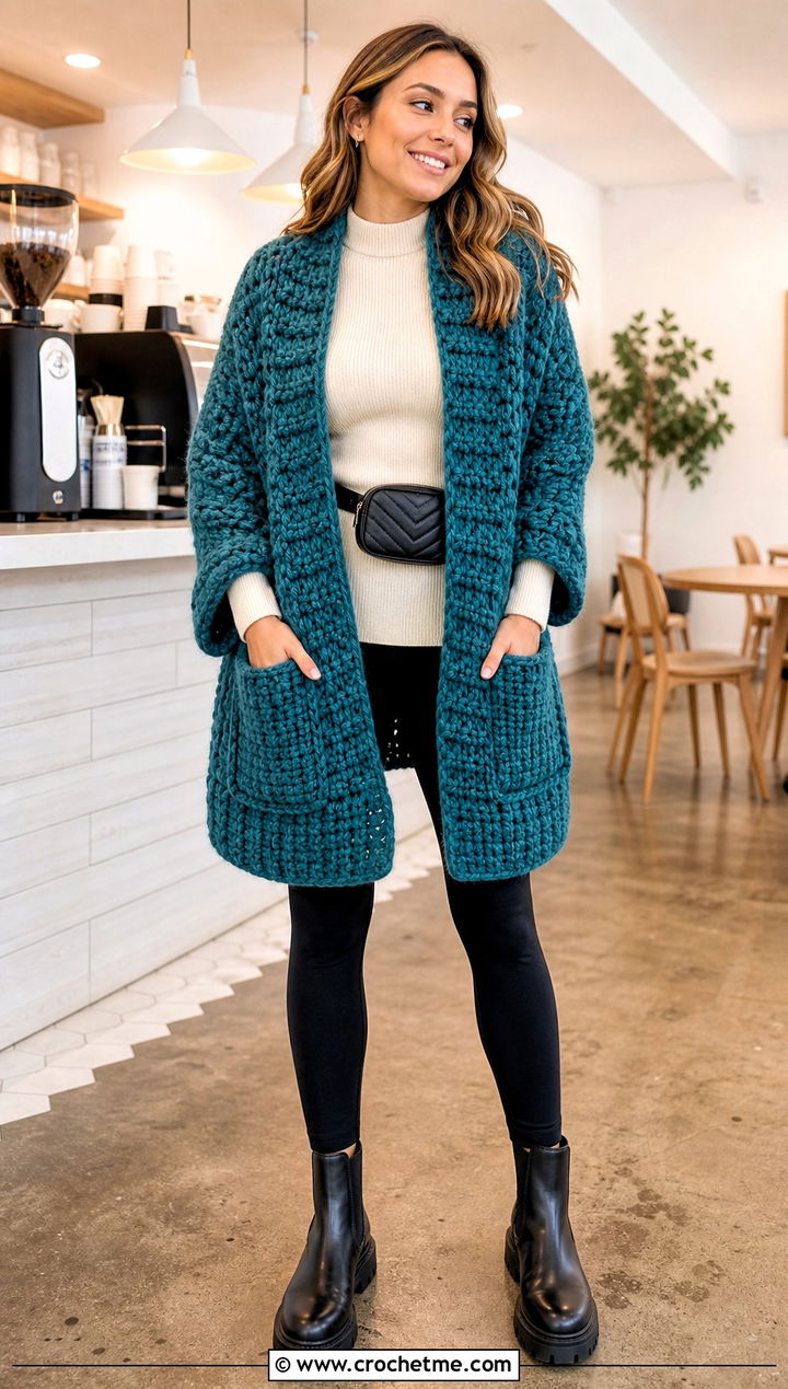 Super Bulky Pocket Shawl With Leggings - 15 Super Bulky Crochet Shawl outfit ideas