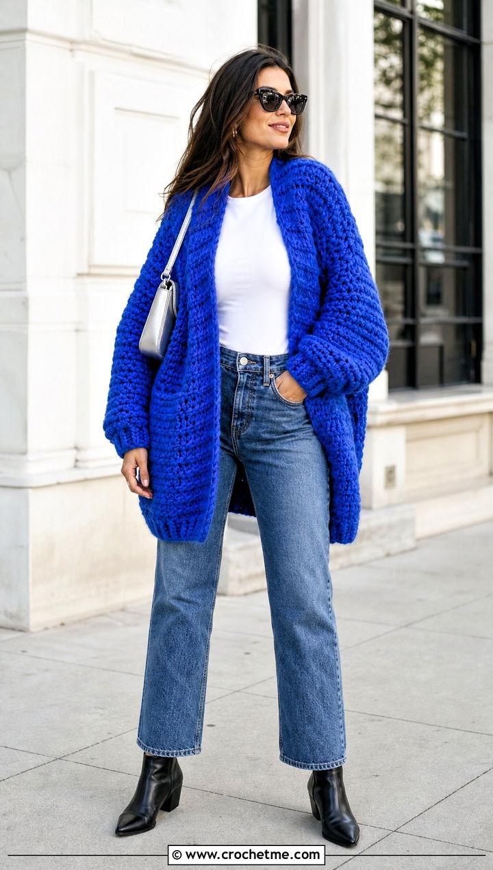 Super Chunky Cocoon Cardigan With Straight Leg Jeans - 25 Bulky Crochet Cardigan outfit ideas