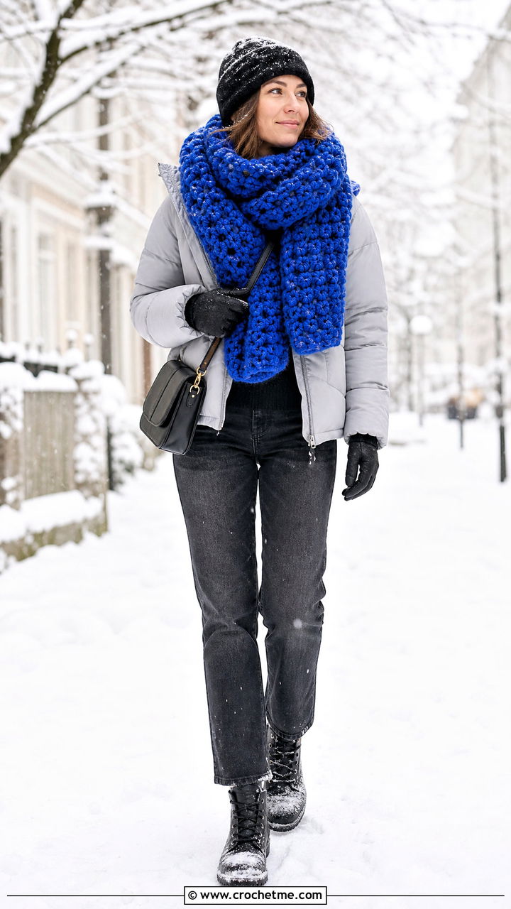 Super Chunky Crochet Blanket Scarf With Puffer Coat - 35 crochet blanket scarf outfit ideas