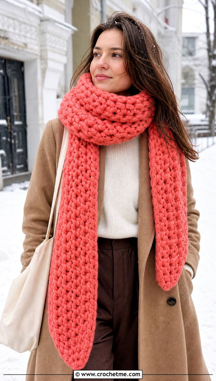 Super Chunky Crochet Scarf With Long Wool Coat - 15 Crochet Scarves Chunky Yarn outfit ideas