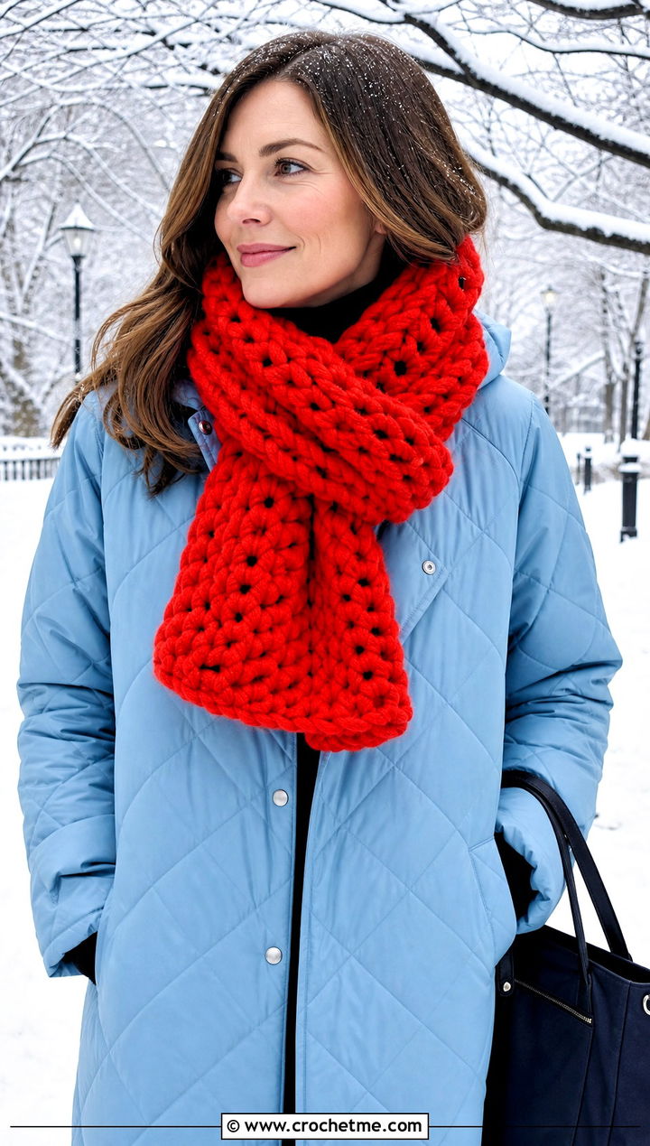 Super Chunky Crochet Scarf With Quilted Coat And Leggings - 25 super crochet scarf outfit ideas