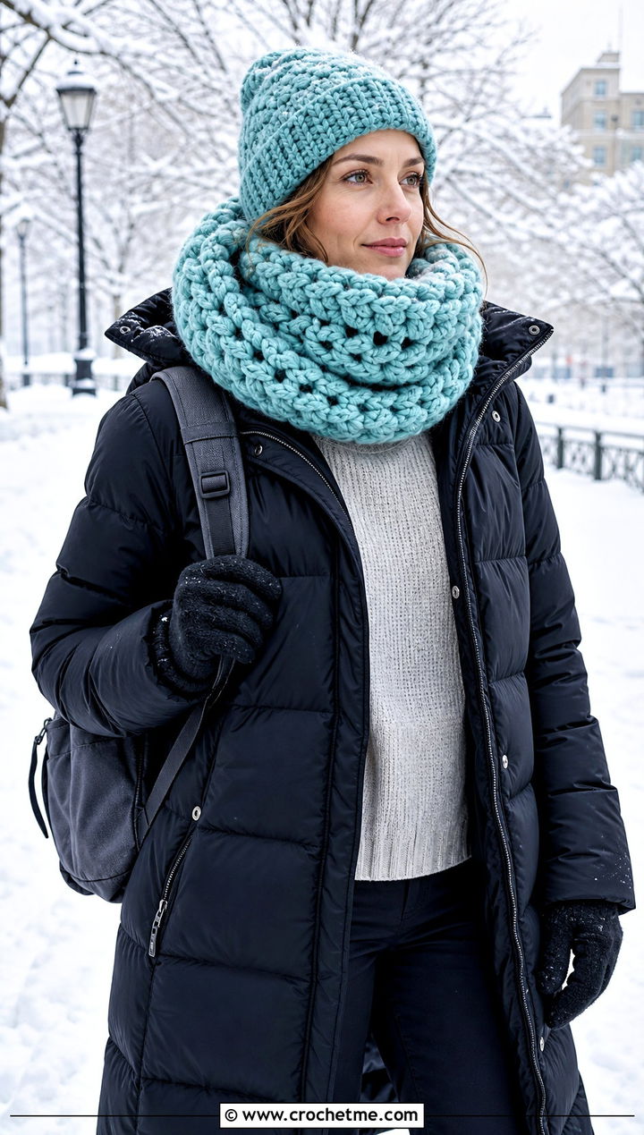 Super Chunky Crochet Snood Scarf With Long Puffer Coat - 25 snood crochet scarf outfit ideas