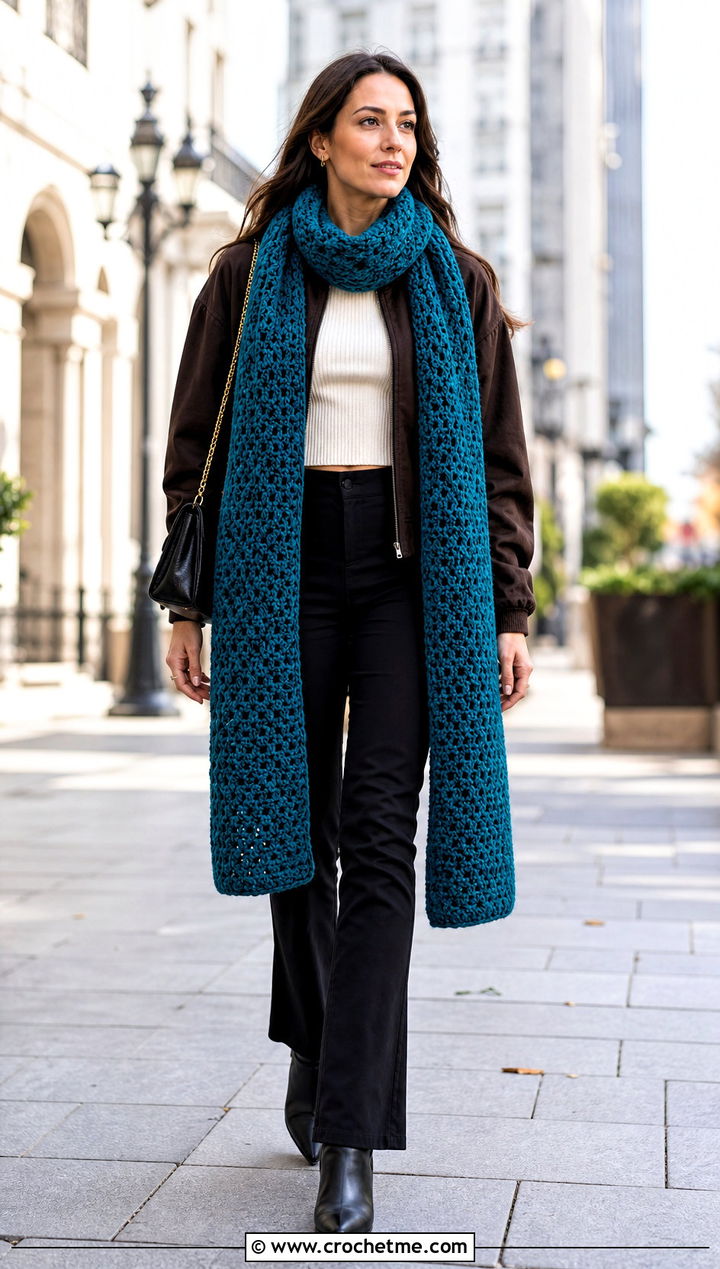 Super Crochet Scarf With Cropped Jacket - 35 fall crochet scarf outfit ideas