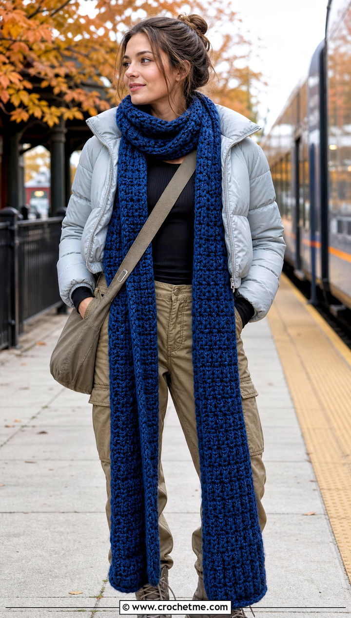 Super Crochet Scarf With Cropped Puffer - 30 autumn crochet scarf outfit ideas