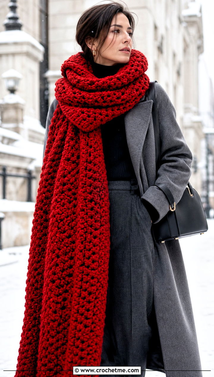 Super Crochet Scarf With Minimalist Winter Outfit - 25 Multifunctional Crochet Scarf outfit ideas