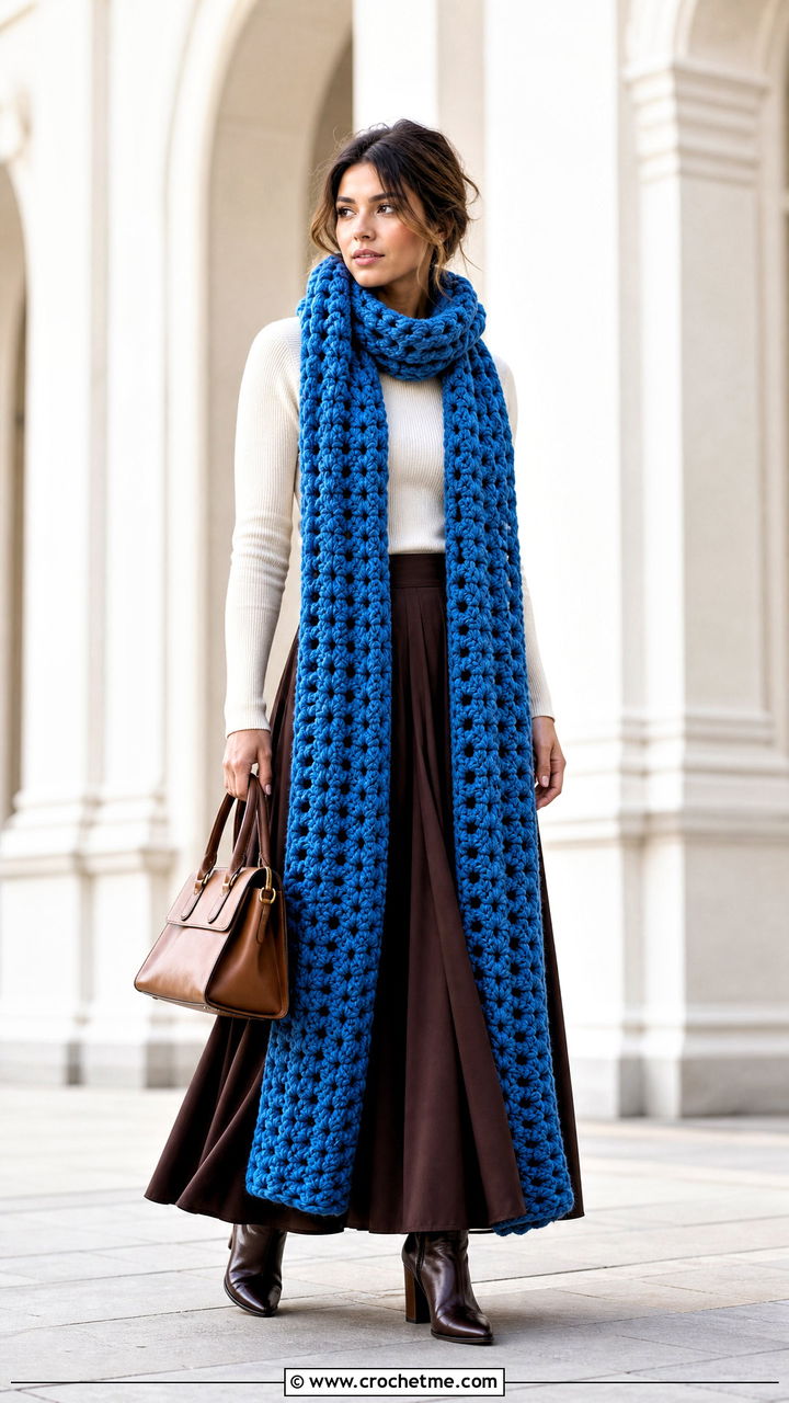 Super Crochet Scarf With Sweater And Maxi Skirt - 35 beginner crochet scarf outfit ideas