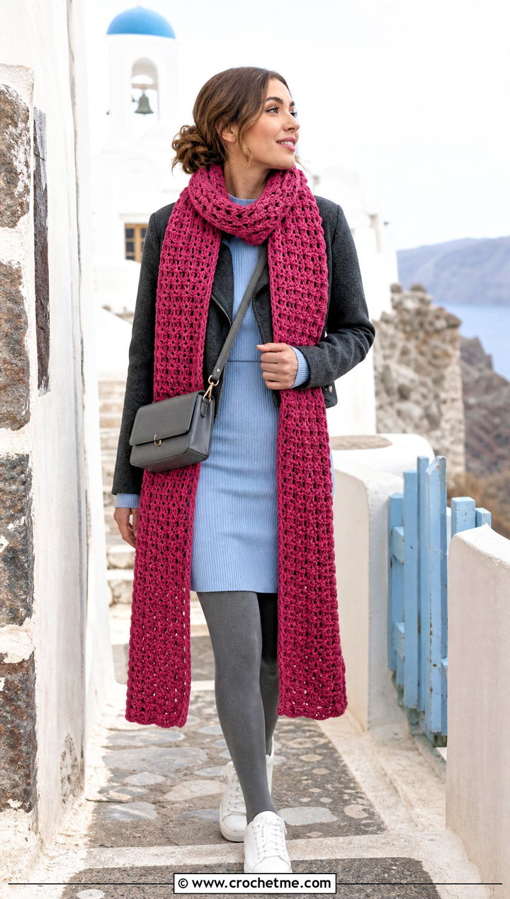 Super Crochet Scarf With Sweater Dress And Sneakers - 35 easy crochet scarf for beginners outfit ideas