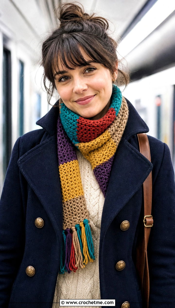 Super Reduced Doctor Who Crochet Scarf With Peacoat And Jeans - 25 Doctor Who Crochet Scarf outfit ideas