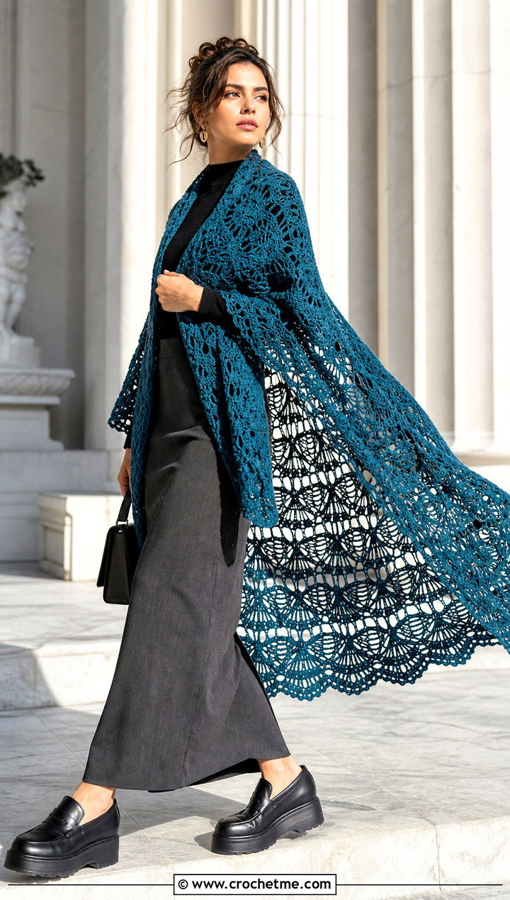 Super Size Virus Shawl With Maxi Skirt - 35 crochet virus shawl outfit ideas