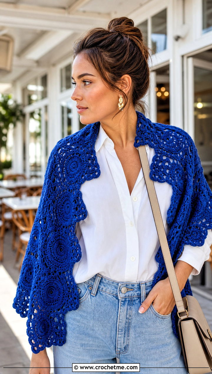 Supernova Shawl With White Shirt And Wide Leg Jeans - 15 sophie digard crochet shawl outfit ideas