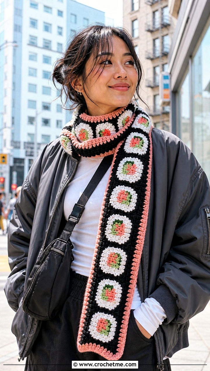 Sushi Crochet Roll Up Scarf With Streetwear Layers - 25 Crochet Roll Up Scarf outfit ideas