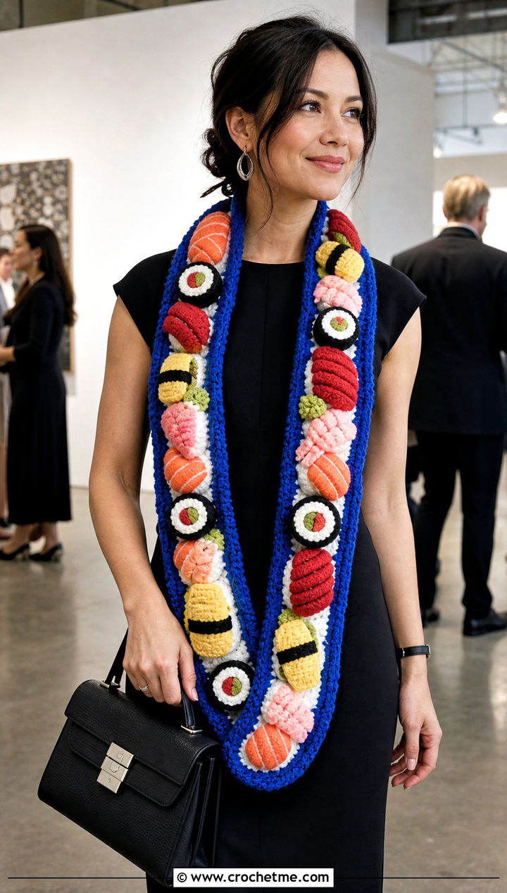 Sushi Platter Crochet Sushi Scarf With Black Midi Dress - 30 crochet sushi scarf outfit ideas