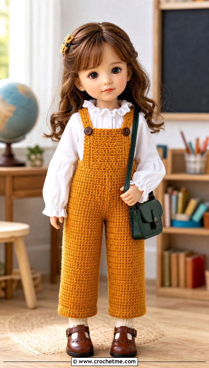 Suspender Crochet Doll Pants With Ruffle Blouse - 25 Crochet Pants For Dolls outfit ideas