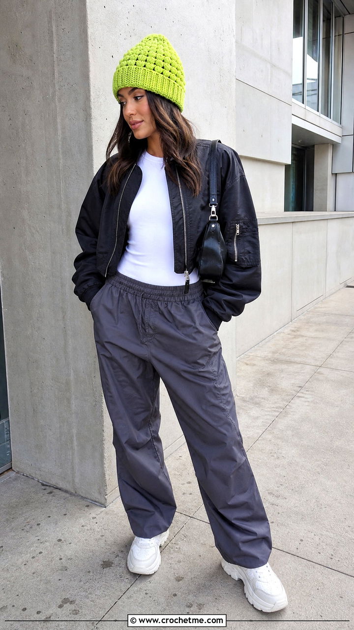 Suzette Stitch Chunky Crochet Beanie With Bomber Jacket And Parachute Pants - 35 chunky crochet hat outfit ideas