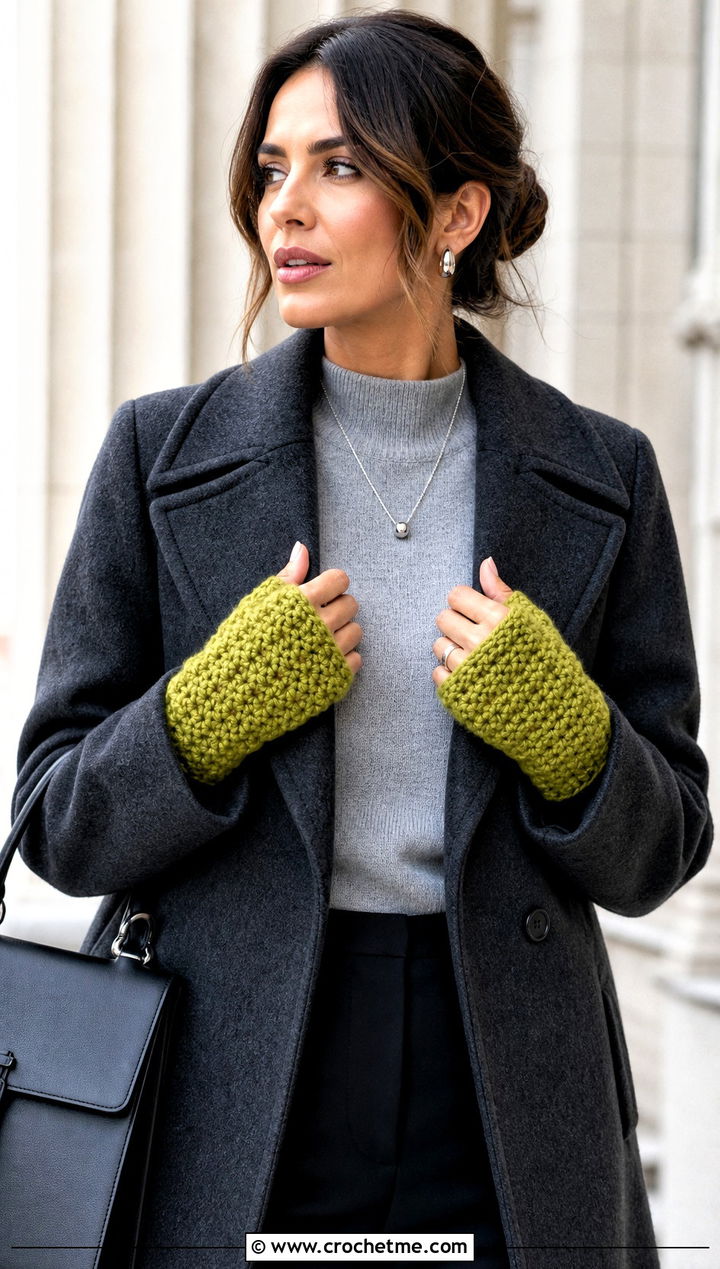 Suzette Stitch Chunky Crochet Fingerless Gloves With Wool Coat - 30 chunky yarn crochet fingerless gloves outfit ideas