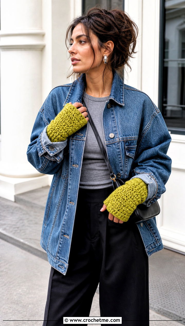 Suzette Stitch Fingerless Gloves With Denim Jacket - 25 Crochet Fingerless Gloves Bulky Yarn outfit ideas