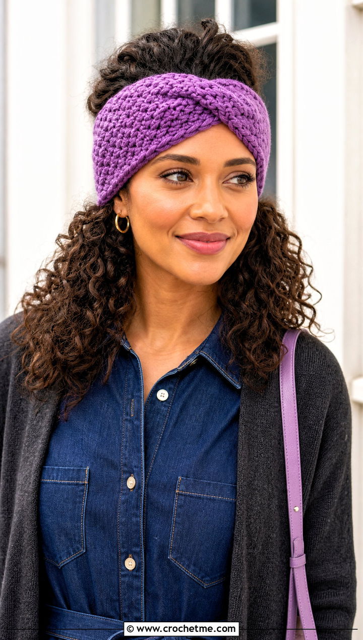 Suzette Stitch Twist Crochet Ear Warmer With Denim Dress - 25 twist crochet ear warmer outfit ideas