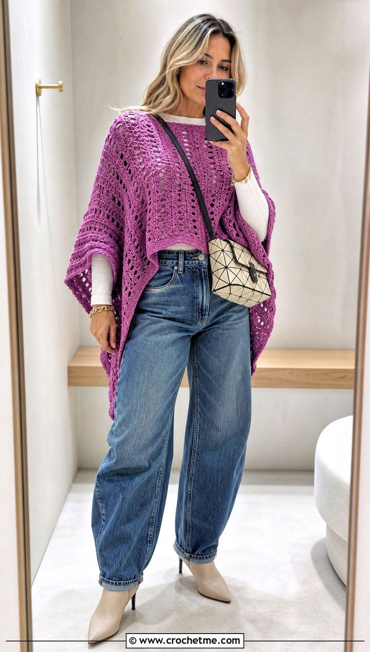 Sweater Crochet Poncho With Barrel Jeans - 15 Winter Crochet Poncho outfit ideas