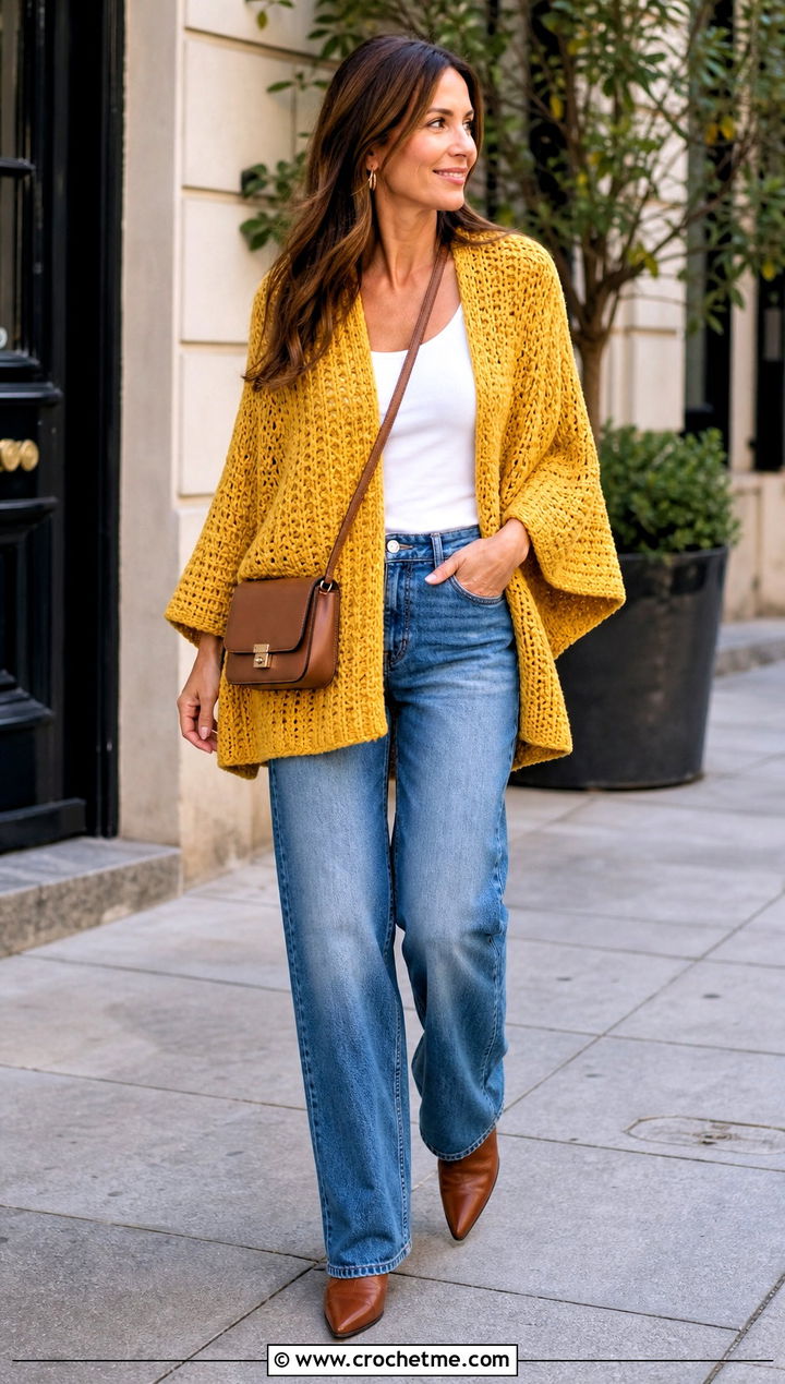 Sweater Crochet Poncho With Sleeves And Straight Leg Jeans - 30 crochet poncho with sleeves outfit ideas