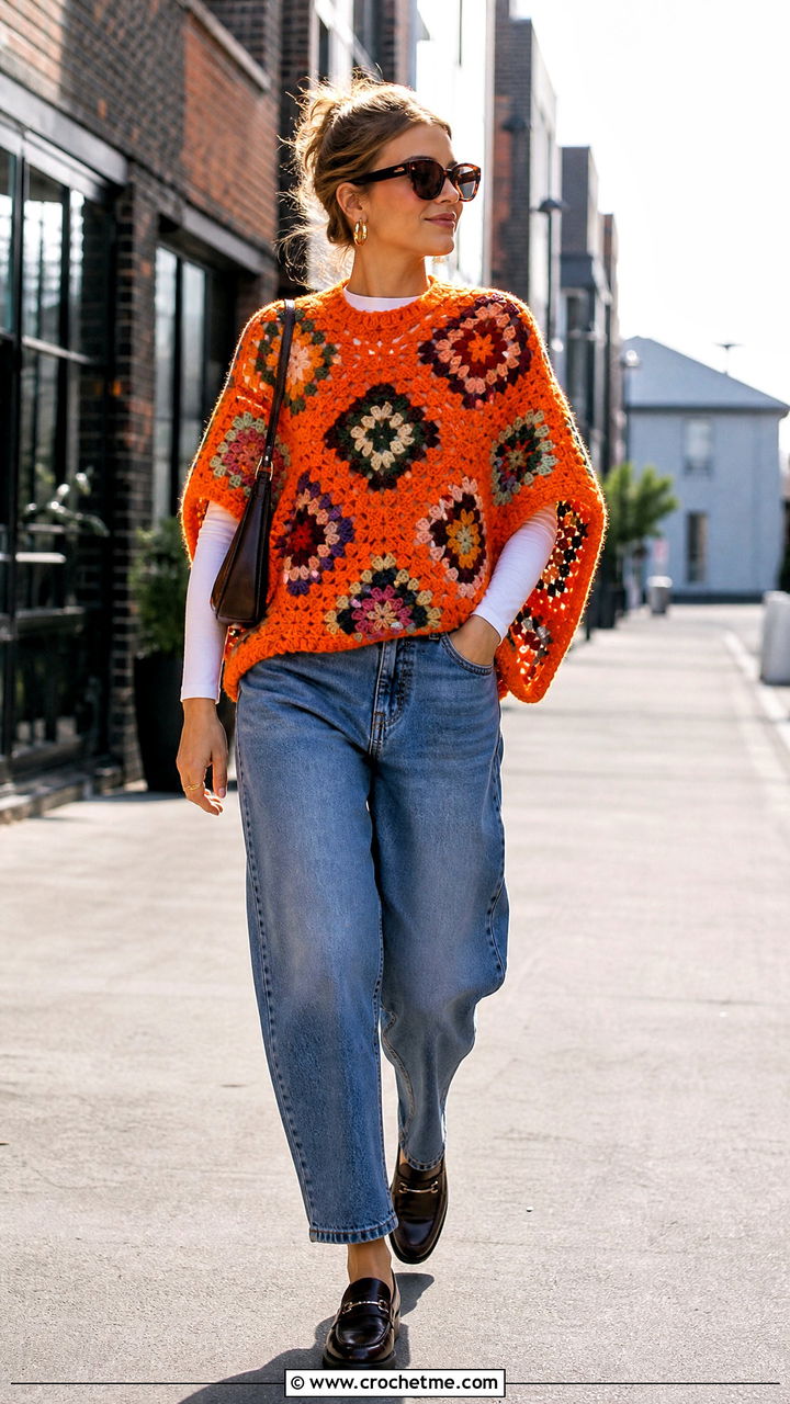 Sweater Granny Square Poncho With Barrel Jeans - 35 crochet granny square poncho outfit ideas