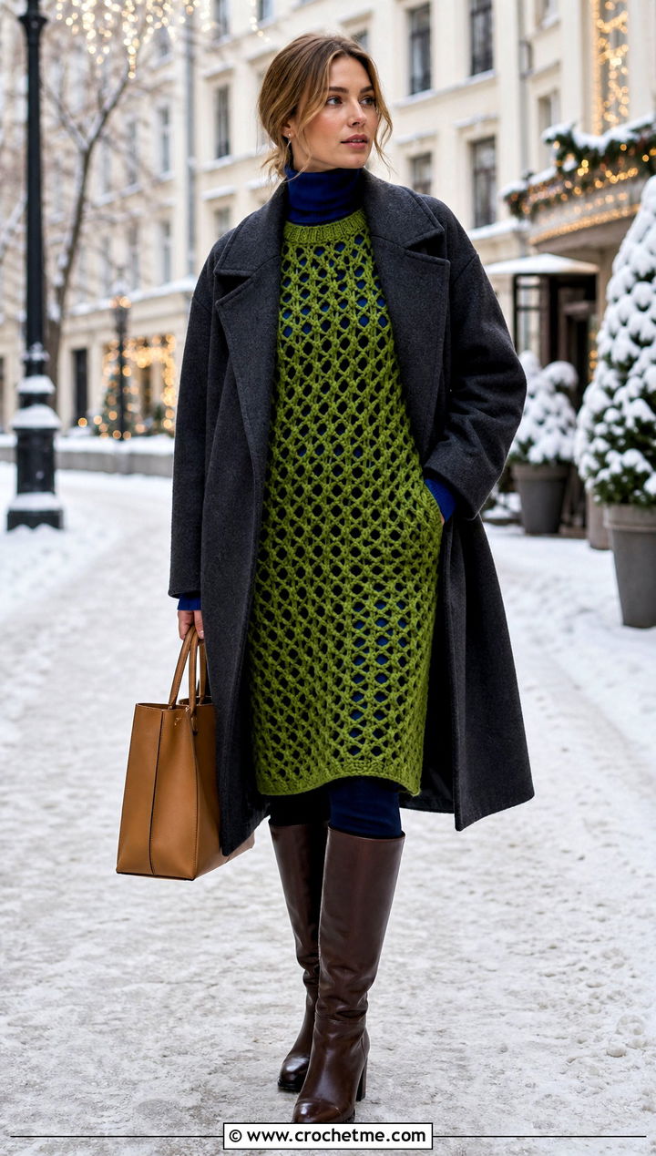 Sweater Mesh Crochet Dress With Turtleneck And Boots - 30 mesh crochet dress outfit ideas