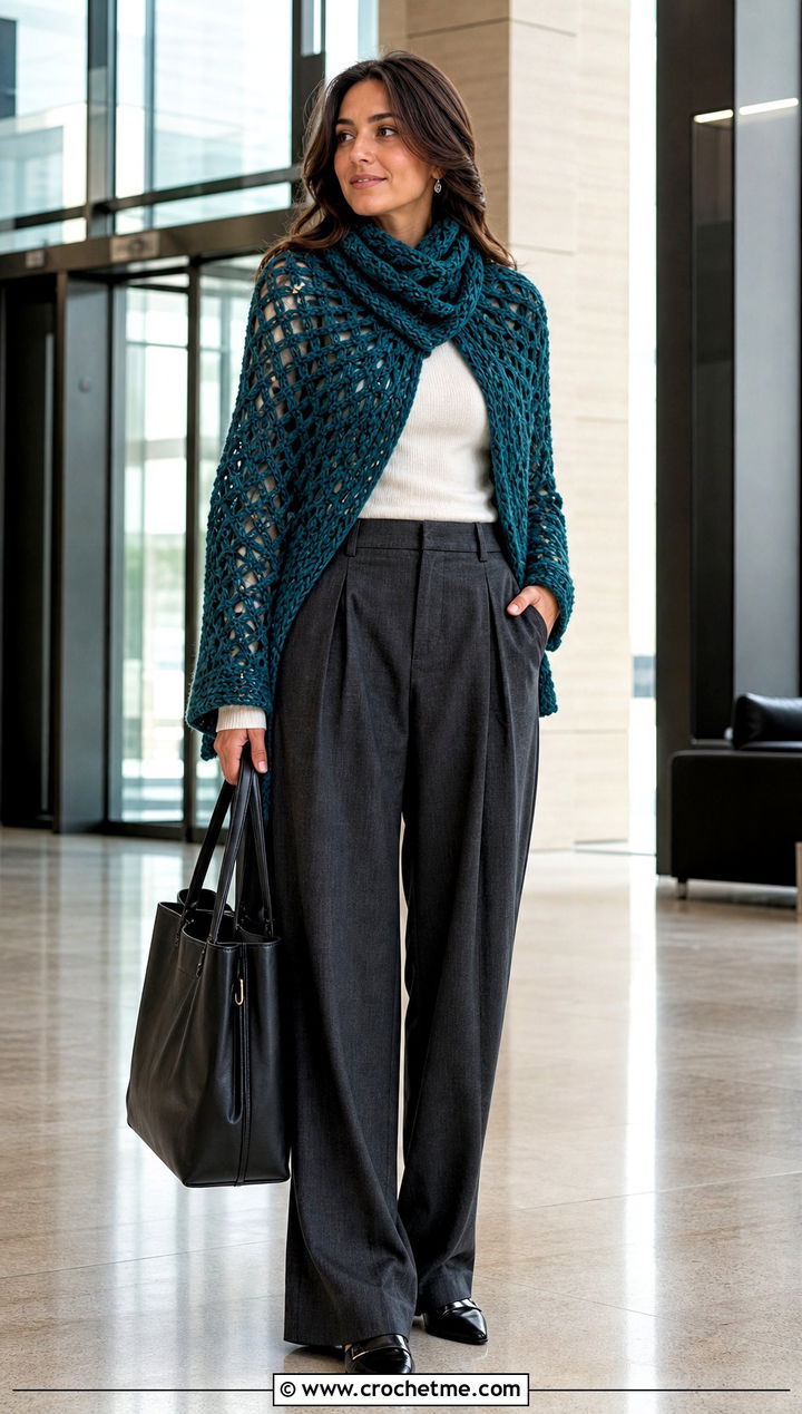 Sweater Scarf Crochet Shawl With Sleeves And Tailored Trousers - 35 crochet shawl with sleeves outfit ideas