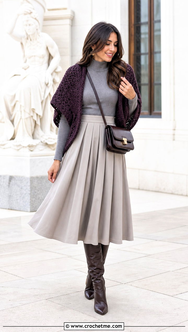 Sweater Scarf Crochet Shrug With Midi Skirt - 30 crochet sweater shrug outfit ideas