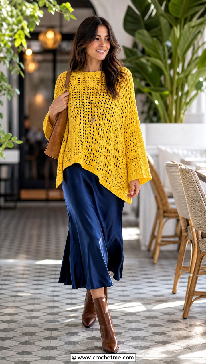 Sweater Uptown Crochet Poncho With Slip Dress - 15 Uptown Crochet Poncho outfit ideas