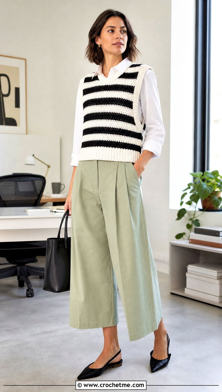 Sweater Vest Black And White Striped Crochet Sweater With Culottes - 25 black and white striped crochet sweater outfit ideas