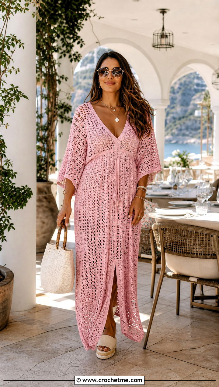 Sweet Guava Crochet Caftan Dress With Platform Slides - 25 Selena Gomez Crochet Dress outfit ideas