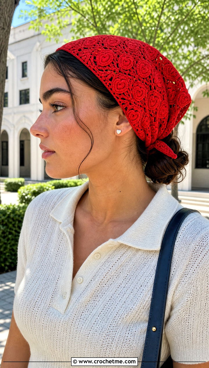 Sweetheart Crochet Bandana With Preppy Polo Outfit - 25 crochet bandana hair scarf outfit ideas