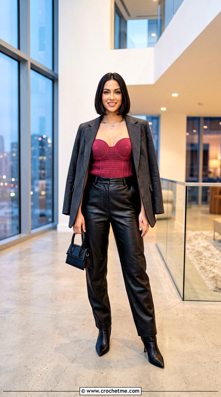 Sweetheart Crochet Bustier Top With Leather Pants - 35 strapless crochet top outfit ideas