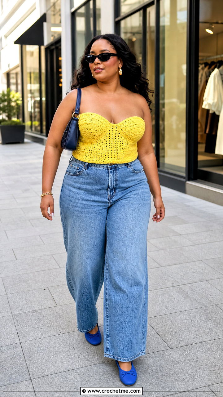 Sweetheart Crochet Bustier Top With Wide Leg Jeans - 35 crochet bustier top outfit ideas