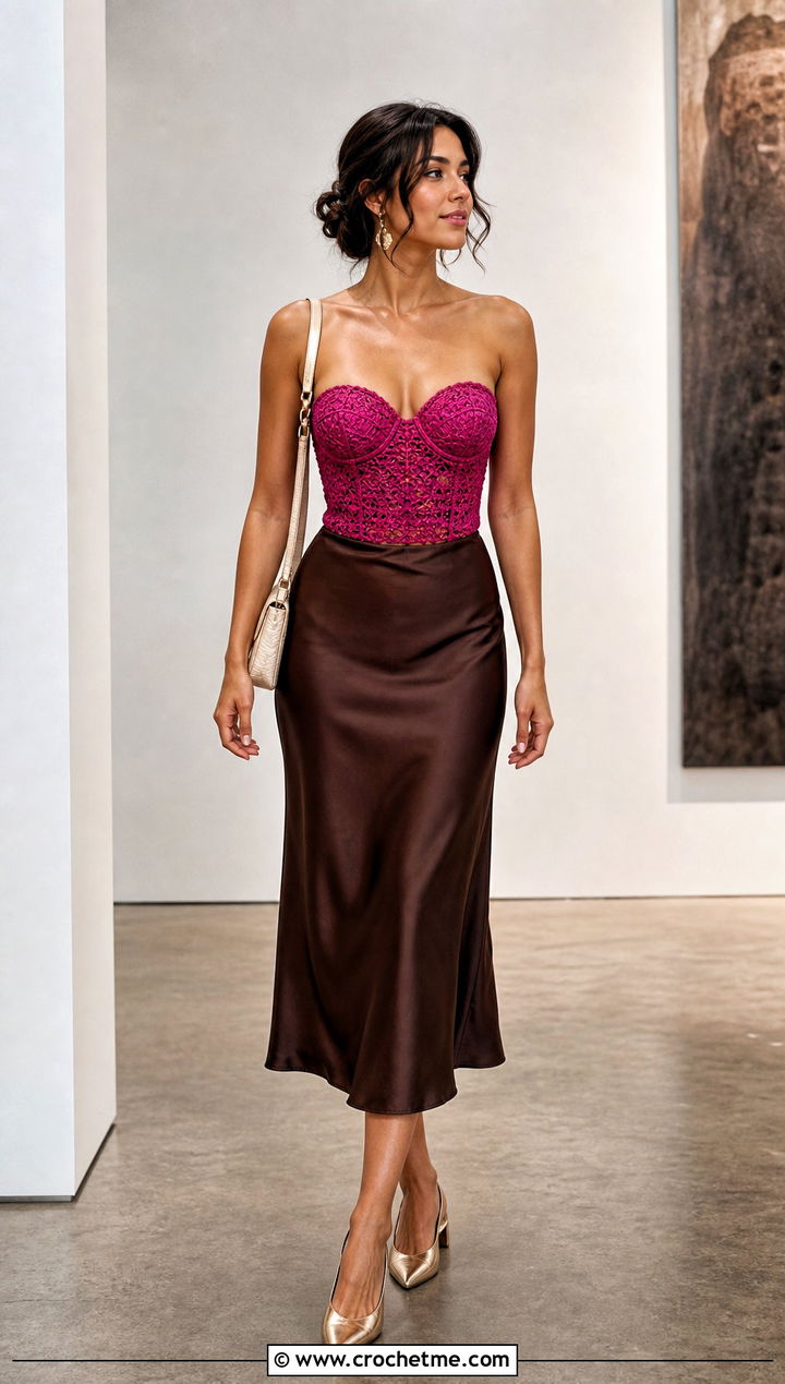 Sweetheart Crochet Bustier With Satin Midi Skirt - 30 crochet bustier outfit ideas
