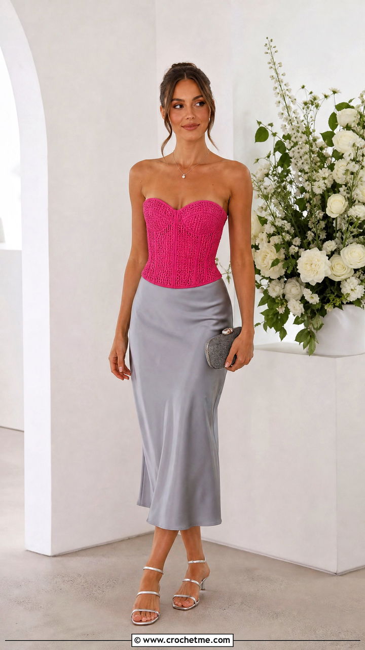 Sweetheart Crochet Corset With A Satin Midi Skirt - 35 crochet corset outfit ideas