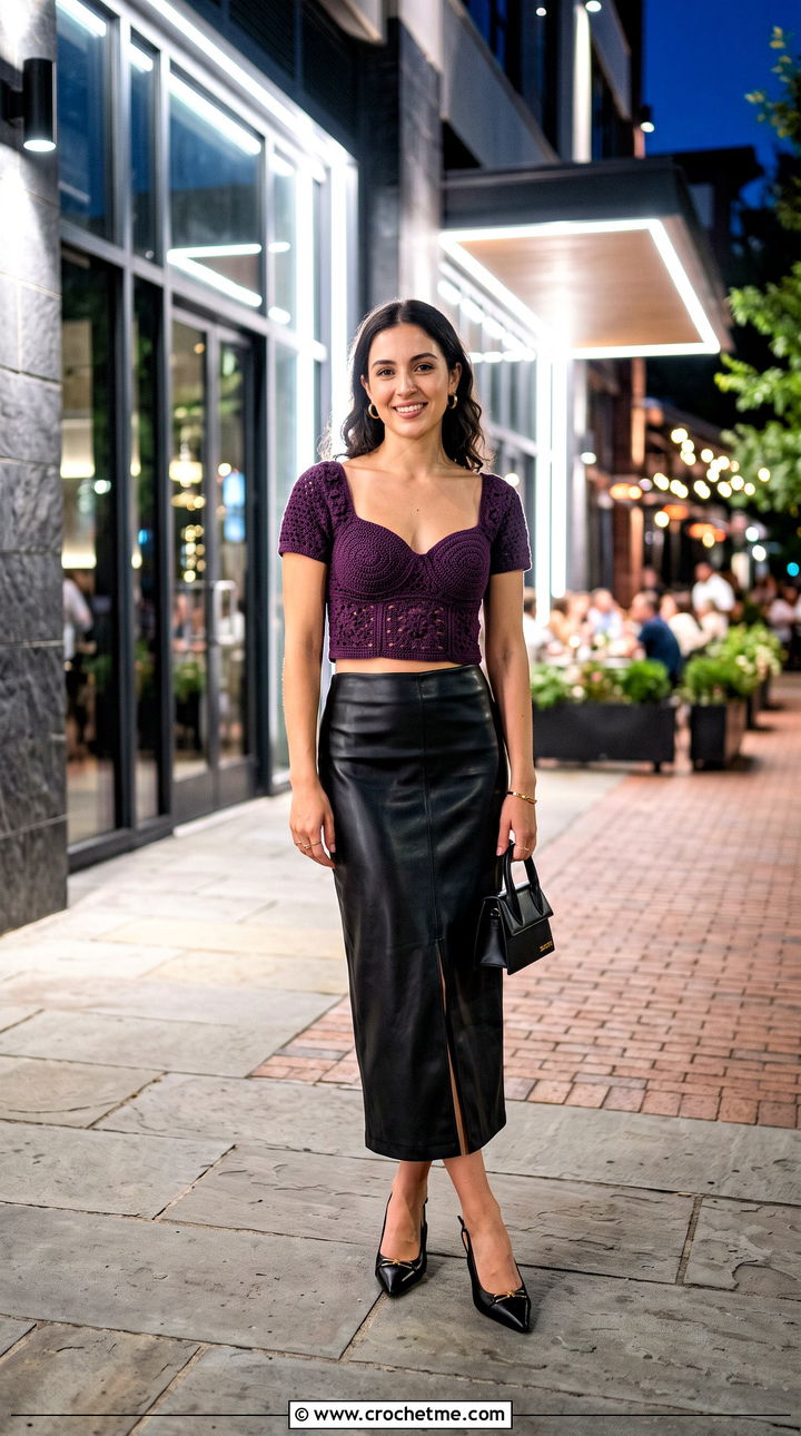 Sweetheart Crochet Crop Top With Leather Midi Skirt - 35 crochet crop top outfit ideas